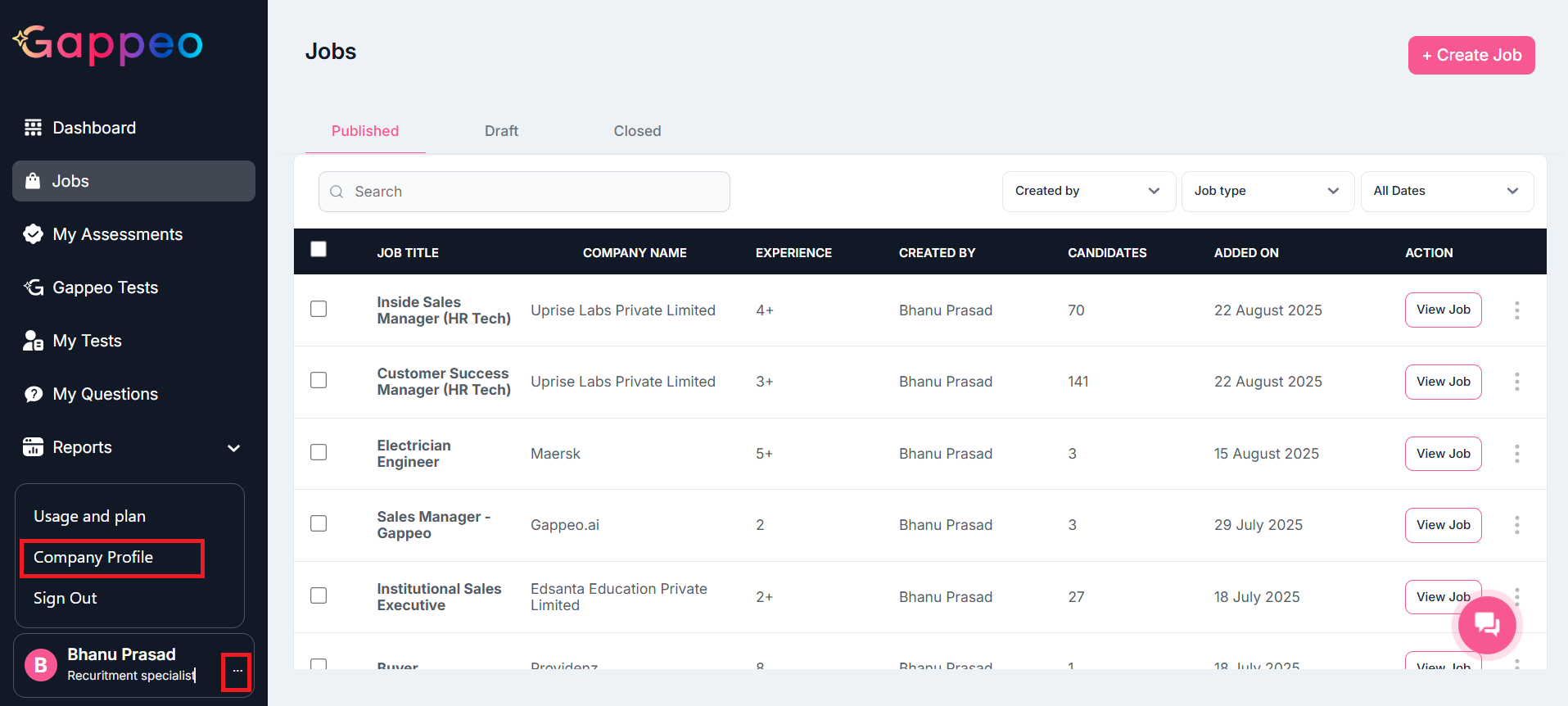 Company profile menu