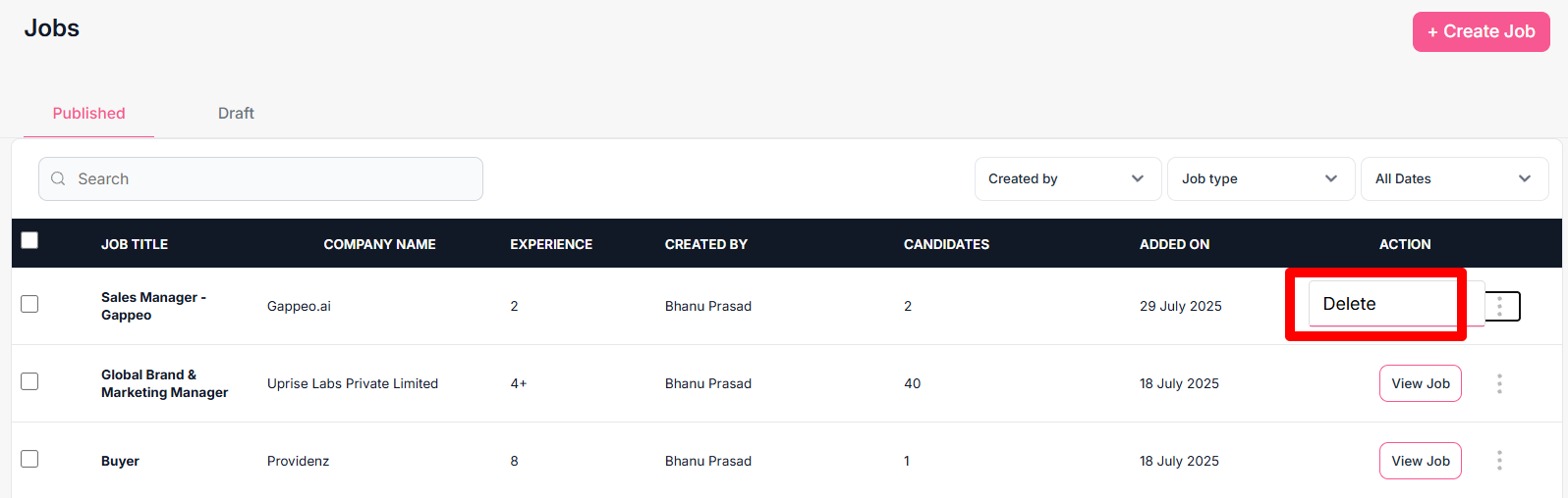Delete published job